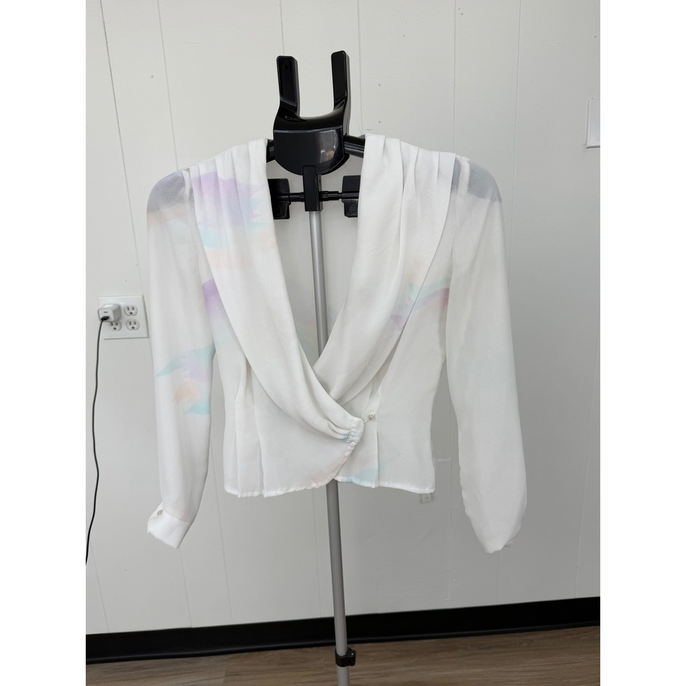 Vintage Wrap Blouse Womens Size 5 White Pastel Good Draped Long Sleeve Top